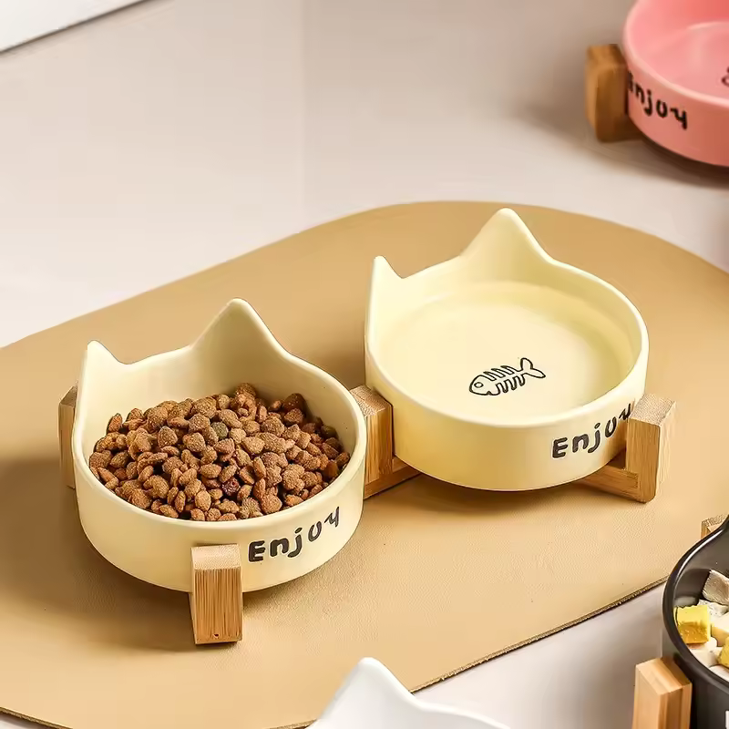 Bamboo Ceramic Double Pet Bowl