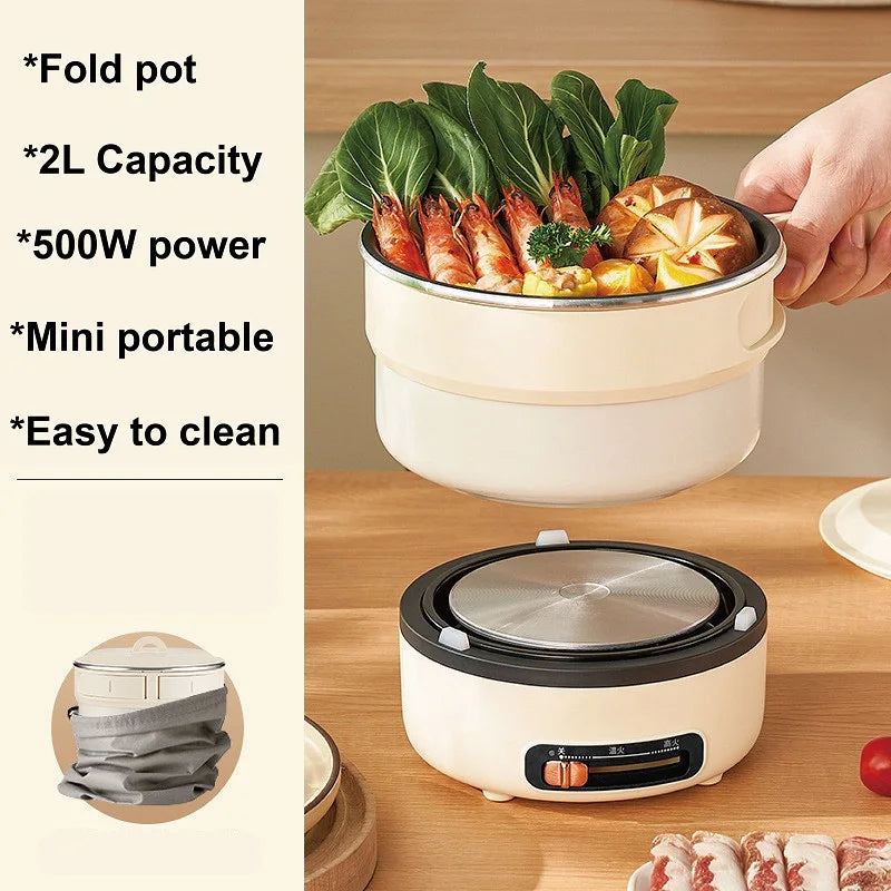 2L Folding Travel Electric Cooking Pot 2 Gear Adjust Electric Hot Pot Student Noodle Pot Multi-function Outdoor Heater Kettle